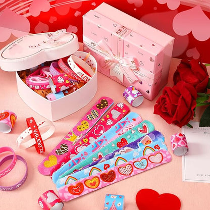 JUNEBRUSHS 50Pcs Valentines Day Party Favors Slap Bracelets Rubber Bracelets, Assorted Silicone Wristbands Snap Bracelets Valentines School Classroom Gifts Valentines Day Goodie Bag Stuffers