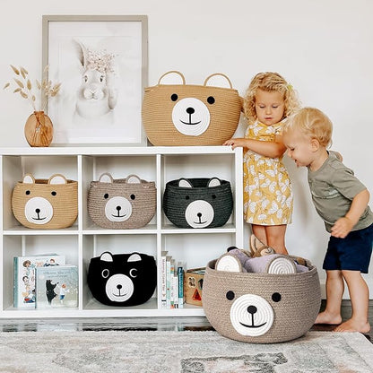 CherryNow Baby Basket for Nursery, Bear Gift Baskets for Kids, Baby Shower Basket with Handles, Small Cute Animal Baskets, Light Brown, 15.7" D x 10.5" H