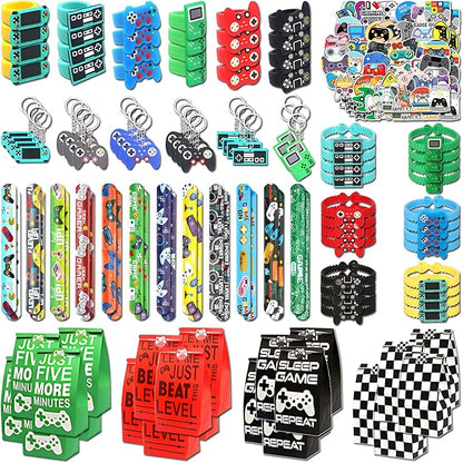 24 sets of Video Game Party Favors, 220 Pcs Gamer party Favors - Gaming Birthday Goodie Bags Included Gift Bags, Game Keychain, Slap Bracelet, Stickers, Game Ring, Hand Strap for Gaming Kids