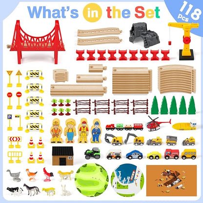 118Pcs Wooden Train Set for Kids & Toddlers, Wood Train Track Set Train Railway Accessories Toy Train Sets for Boys and Girls Gifts Ages 3+ 4 5 6 7 8 - Compatible with All Major Brands
