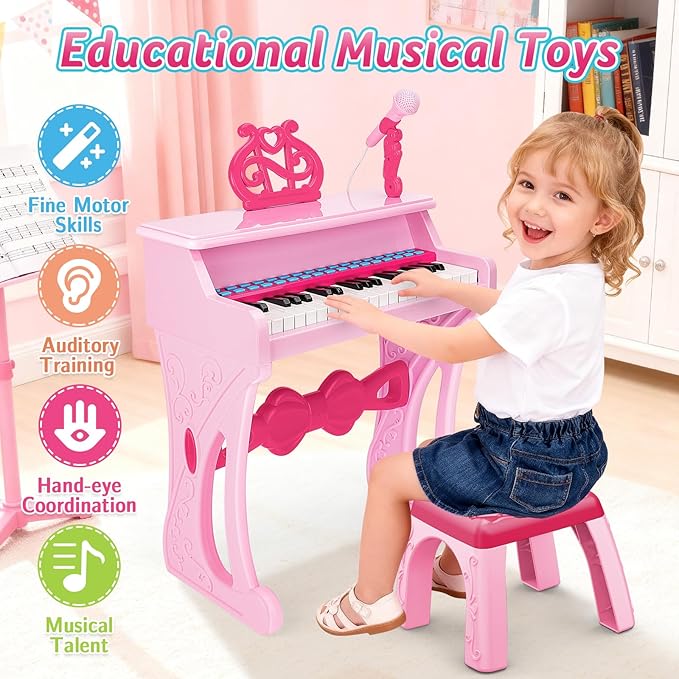 deAO Kids Piano Keyboard Toys for Girls, 37 Keys Toddler Pianos Toy with Stool and Microphone, Christmas Birthday Gift for Kids 3+ Years Old