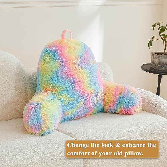 XeGe Fluffy Back Support Pillow Cover for Bed (No Filler), Tie Dye Faux Fur Backrest Pillow Case, Furry Reading Pillow Cover with Arms Adults Kids Girls, Fuzzy Sit Up Study Pillow for Floor, Rainbow