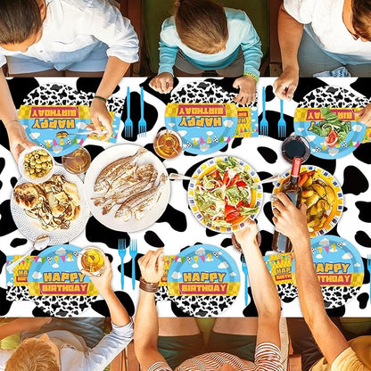 Cartoon Story Birthday Party Supplies Cow Print Party Tableware Includes Cartoon Story Party Plates Napkins Fork and Blue Sky White Clouds Tablecloth for Baby Show Parties Decorations Set Serve 20
