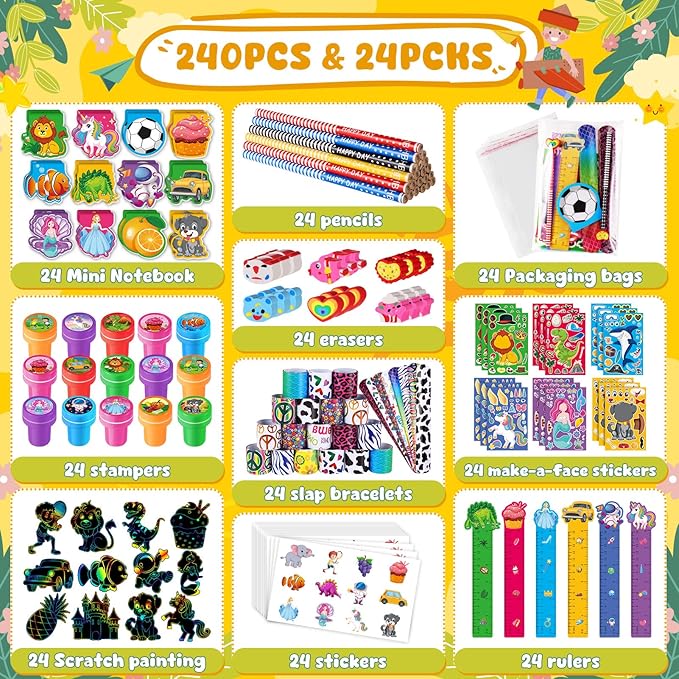 BenLouis 240Pcs Kids' Party Favors Sets Stampers Pencils Stickers School Stationery Bulk for Kids 4-8-12 Classroom Birthday Candy Goodie Bags Pinata Stuffers Rewards Gifts Supplies