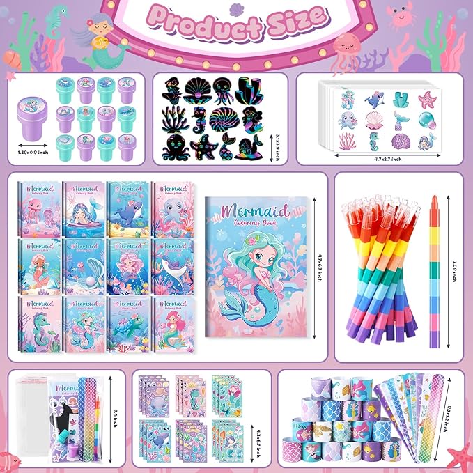 BenLouis 192Pcs Mermaid Party Favors Little Mermaid Coloring Books Crayon Stickers Set Bulk for Kids Mermaid Birthday Decor Baby Shower Candy Goodie Bag Stuffer Classroom Rewards Pinata Supplies