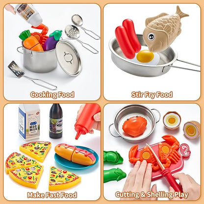 Pretend Play Kitchen Accessories, 52pc Kids Kitchen Playset with Play Food, Stainless Steel Cookware, Kitchen Toys Pots and Pans, Toddler Kitchen Set with Cuttable Toy Food, Boys Girls Gift