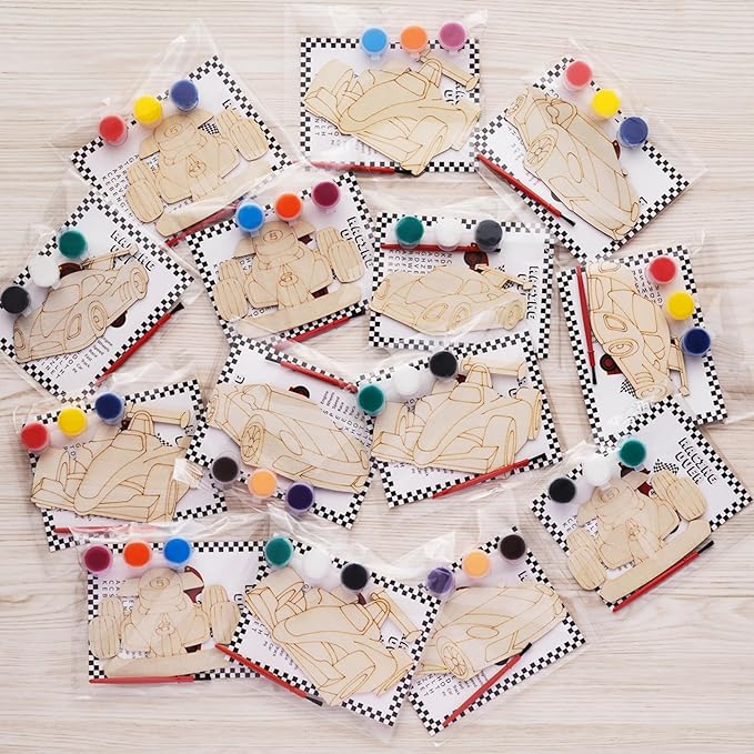 GEECOZYLIFE Thank You for Coming Gifts - 24 PCS Race Car DIY Crafts Kit - Unfinished Wooden Car Painting Set - Race Car Birthday Supplies Classroom Rewards Gifts Bulk