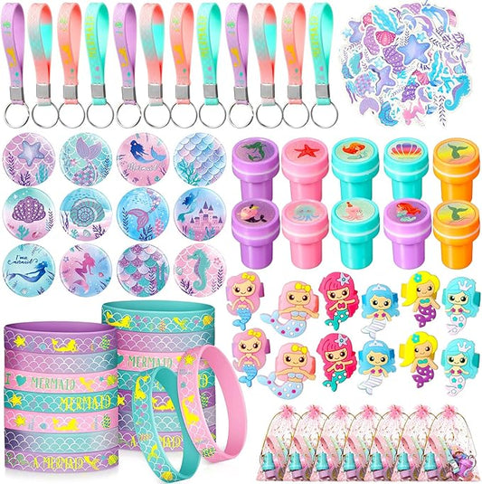 Capoda 122 Pcs Mermaid Party Favors for Girls Mermaid Theme Bracelets Keychains Pin Badges Stampers Rings Stickers Organza Bags for Piñata Stuffers Goodie Bag Fillers Birthday Decorations Supplies