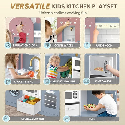 BIERUM Play Kitchen with Realistic Lights & Sounds, Wooden Kitchen Playset Chef Pretend Play Set for Toddlers, Toy Kitchen with 26 Pcs Toy Food & Cookware Accessories, Gift for Ages 3+ (Bule)