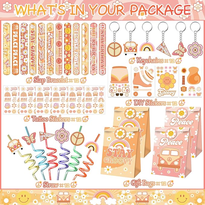 Groovy Party Favors 72 PCS Retro Boho Slap Bracelets DIY Stickers Temporary Tattoos Keychains Plastic Straws Gift Bags for Retro 60s 70s Boho Themed Birthday Party Baby Shower Classroom Rewards