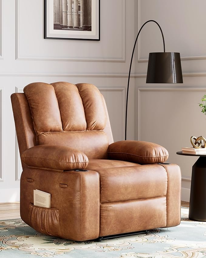 27'' Leather Recliner Chair Oversized, Overstuffed Manual Recliner Chair, Single Sofa for Adults, with Cup Holder and Side Pockets, for Living Rooms, Max Weight 400 lbs, Vintage Leather