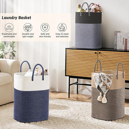 Laundry Basket,Woven Cotton Rope Laundry Hamper,Versatile Storage for Dirty Clothes,Baby Toys,and Blankets in Bathroom, Nursery,and Living Room (Jute, 40L)