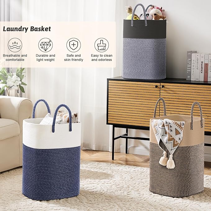 Laundry Basket,Woven Cotton Rope Laundry Hamper,Versatile Storage for Dirty Clothes,Baby Toys,and Blankets in Bathroom, Nursery,and Living Room (Black, 40L)