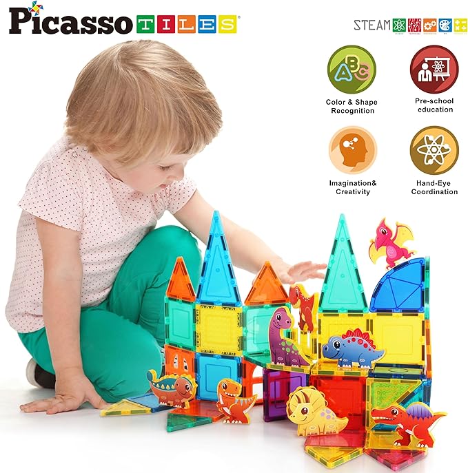 PicassoTiles Magnet Tiles Building Blocks 8 Dinosaur Magnetized Action Figures Compatible Magnetic Construction Build and Play Tile Accessory Toy STEAM Educational Learning Toys Kids Ages 3+ PTA23