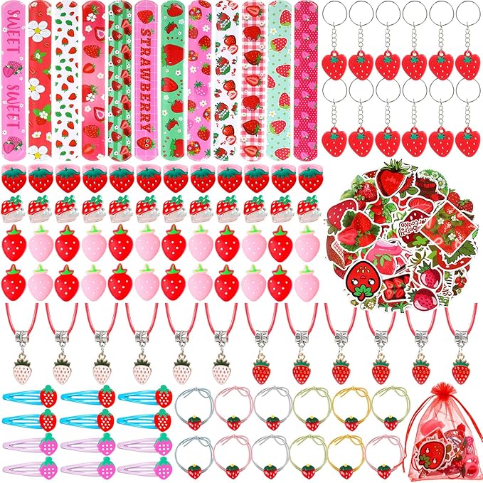Blosssound 170 Pcs Strawberry Party Favors Set Strawberry Pendant Necklace Hair Rope Gripping Clips Bracelets Keychains Pinch Ball Stickers for Girls Baby Shower Birthday Party Decorations Supplies