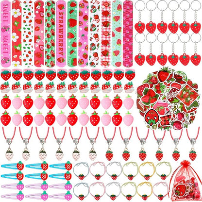 Blosssound 170 Pcs Strawberry Party Favors Set Strawberry Pendant Necklace Hair Rope Gripping Clips Bracelets Keychains Pinch Ball Stickers for Girls Baby Shower Birthday Party Decorations Supplies