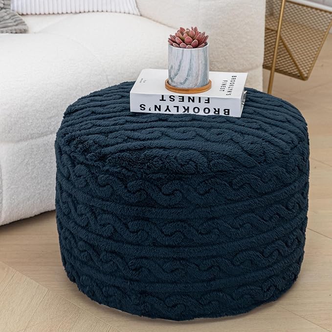 Pouf Ottoman Stuffed 20x20x12 Inches Floor Pouf Plush Fiber Ottoman Foot Rest Under Desk Foot Stool for Living Room Bedroom (Navy Blue)