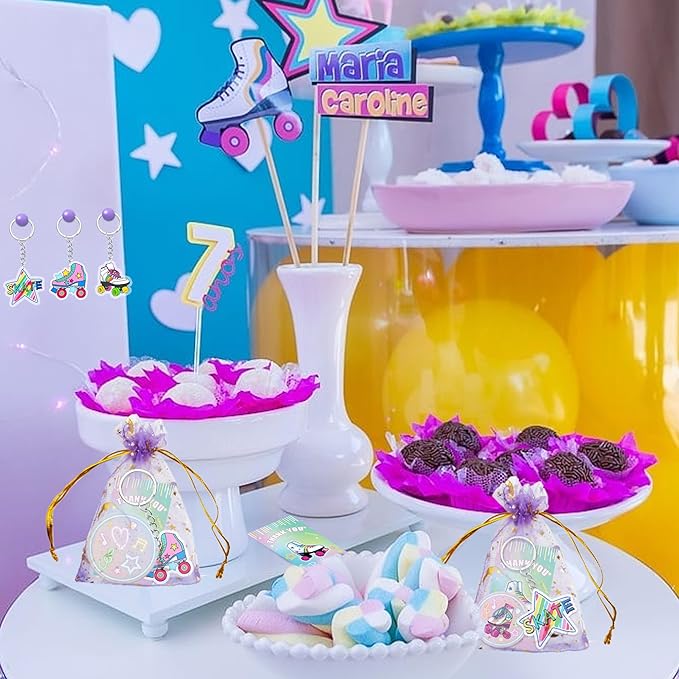 110 PCS Roller Skate Party Favors Skating Party Supplies with Key Chains Button Pins Stickers Rubber Bracelets for Hip Hop Disco 80s 90s Themed Party (style 1)