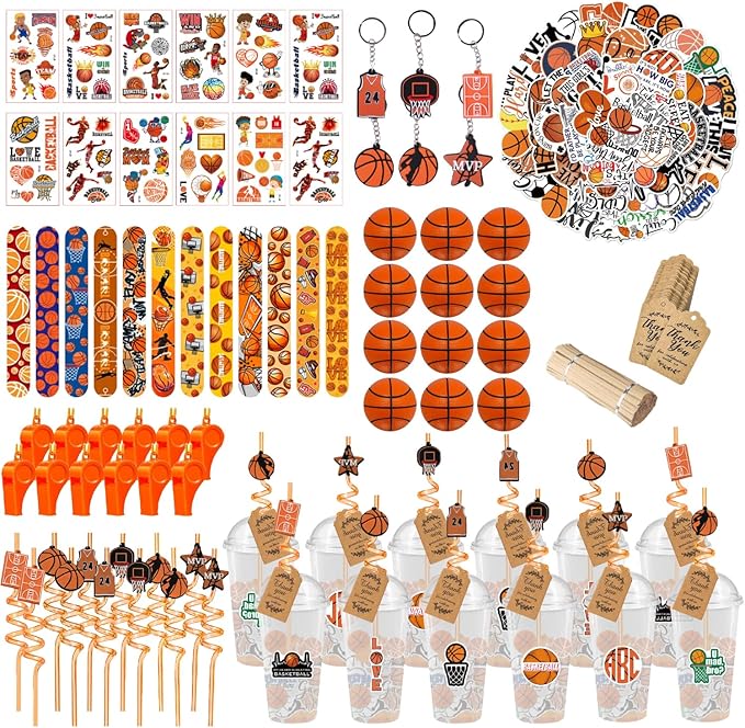 Basketball Party Favors, 172 pcs Birthday Party Supplies contains Cups, Straws, Whistles, Bracelets, Keychains, Stickers, Soft Balls, Tatoo Stickers, Thank You Tags for Sport Themed Birthday Decors