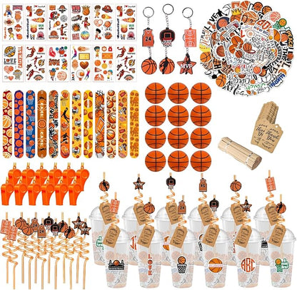 Basketball Party Favors, 172 pcs Birthday Party Supplies contains Cups, Straws, Whistles, Bracelets, Keychains, Stickers, Soft Balls, Tatoo Stickers, Thank You Tags for Sport Themed Birthday Decors