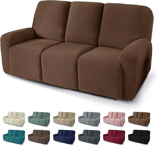 JIVINER 5 Pieces Recliner Sofa Covers Stretch Recliner Sofa Slipcover with Elastic Bottom Jacquard Fitted Reclining 3 Cushion Couch Cover Furniture Protector with Pockets (3 Seater, Brown)