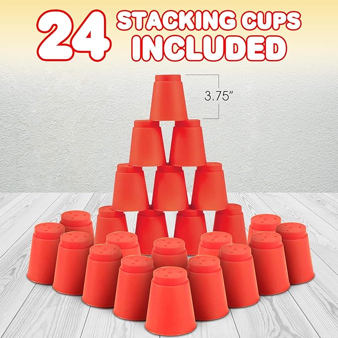 Gamie Stacking Cups Game with 18 Fun Challenges and Water Timer, 24 Stacking Cups, Sturdy Plastic, Classic Family Game, Idea for Boys and Girls Ages 3+ Olds, Tons of Fun