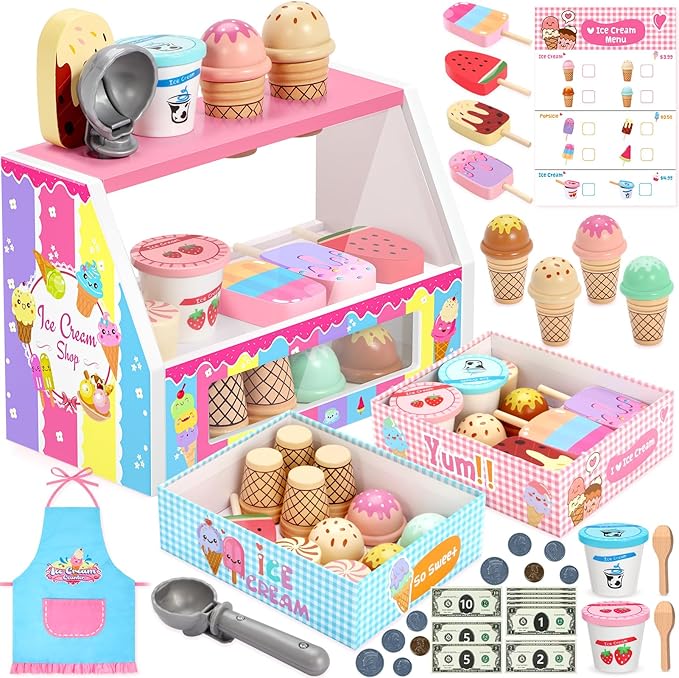 INNOCHEER Ice Cream Toy, Wooden Ice Cream Play Set, Pretend Play Kitchen Toys, Ice Cream Toys for Toddlers, Ice Cream Cart Play Store, Gifts Toys for 3 4 5 6 7 8+ Year Old Girls Boys