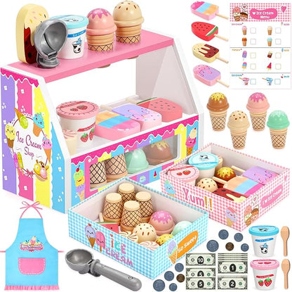 INNOCHEER Ice Cream Toy, Wooden Ice Cream Play Set, Pretend Play Kitchen Toys, Ice Cream Toys for Toddlers, Ice Cream Cart Play Store, Gifts Toys for 3 4 5 6 7 8+ Year Old Girls Boys