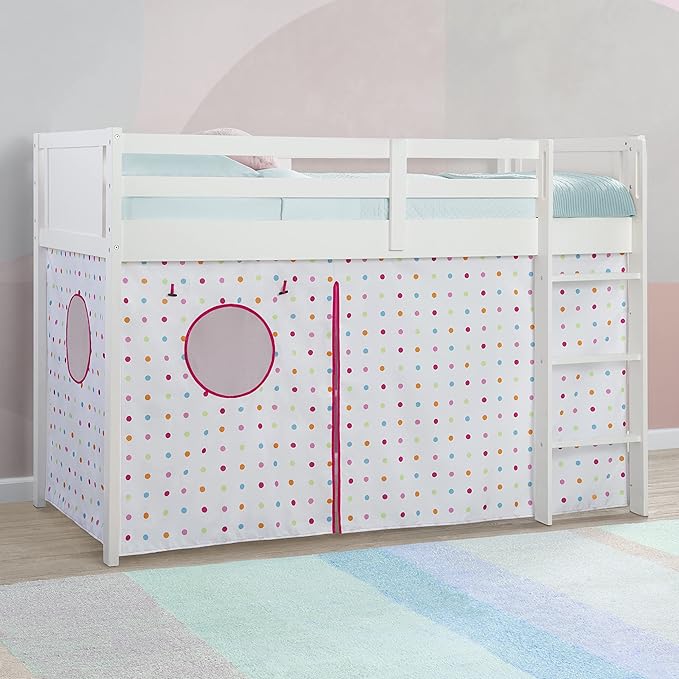 Delta Children Twin Loft Bed with Guardrail and Ladder + Tent [Bundle], White/Dots