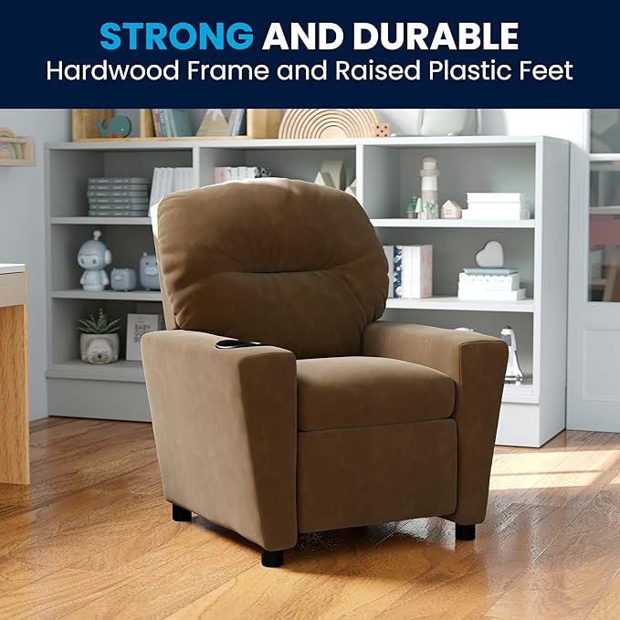 Flash Furniture Chandler Microfiber Kids Recliner with Cup Holder and Safety Recline, Contemporary Reclining Chair for Kids, Supports up to 90 lbs., Brown