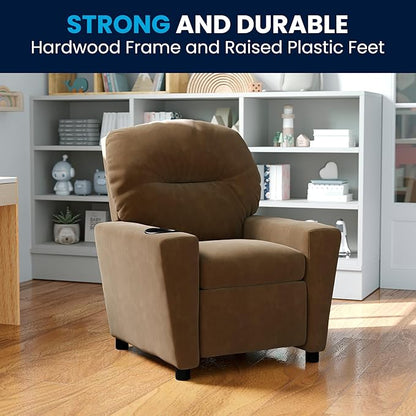 Flash Furniture Chandler Microfiber Kids Recliner with Cup Holder and Safety Recline, Contemporary Reclining Chair for Kids, Supports up to 90 lbs., Brown