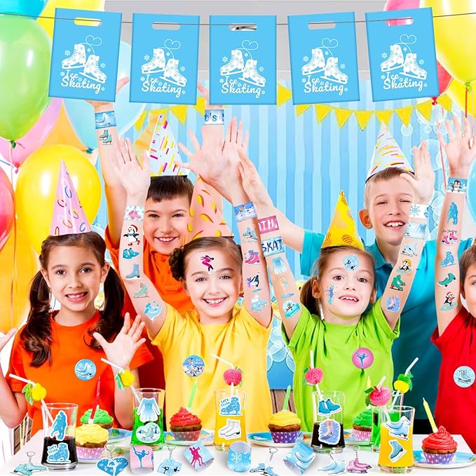 110 PCS Ice Skating Skate Party Favors, Winter Ice Skating Skate Stickers Temporary Tattoos Slap Bracelets Keychains Badges Gift Bags Ice Skating Birthday Party Decorations Supplies for Kids