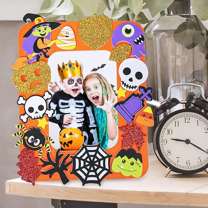 Winlyn 12 Sets Halloween Craft Kits Fall Kids Crafts DIY Halloween Picture Frame Decorations Art Sets Pumpkin Ghost Monster Foam Stickers Arts and Crafts for Kids Halloween Classroom Party Activities