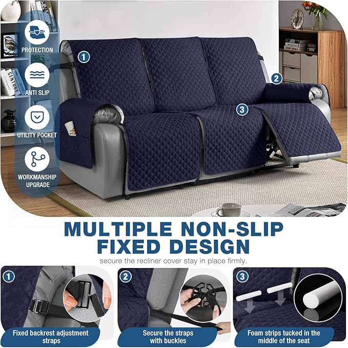 TAOCOCO Waterproof Recliner Couch Covers Sofa Slipcover for 3 Cushion Couch, Pet Sofa Cover for 3 Seat Recliner, Washable Reclining Sofa Cover Furniture Protector with Straps(3 Seater, Dark Blue)