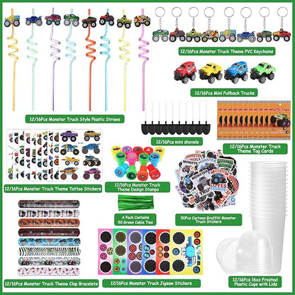 HyDren 171 Pcs Truck Party Favors Included Gift Cup Straw Keychain Slap Bracelet Mini Truck Puzzle Sticker Stamper Card Tattoo Sticker Shovel Sticker Tag Cable Tie for Birthday Gift Prize