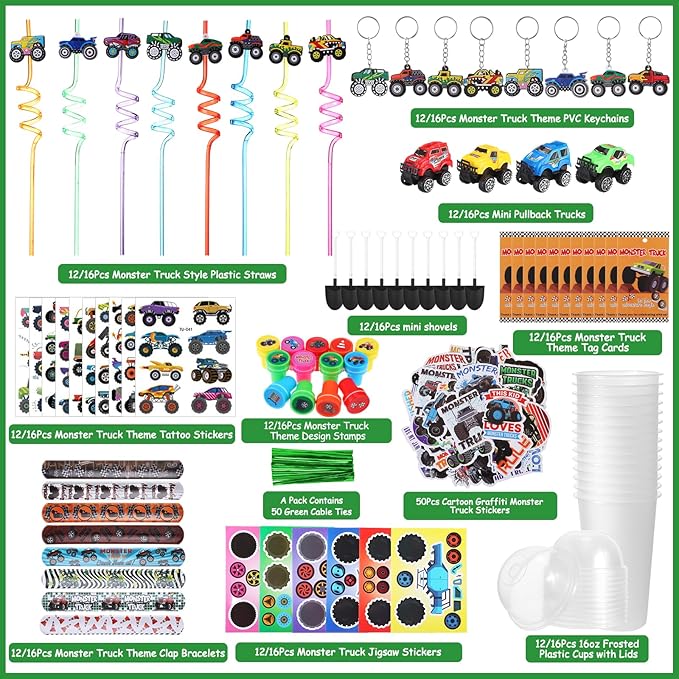HyDren 211 Pcs Truck Party Favors Included Gift Cup Straw Keychain Slap Bracelet Mini Truck Sticker Stamper Card Tattoo Sticker Shovel Sticker Tag Cable Tie For Birthday Gift Prize