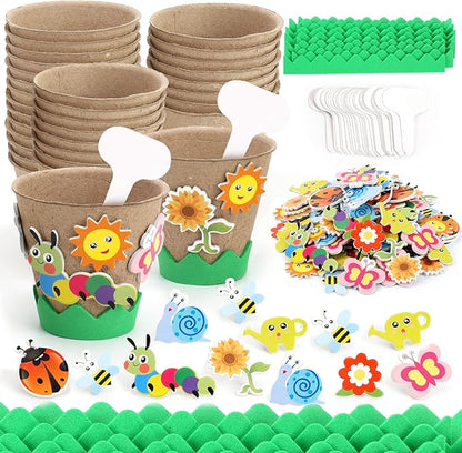 Ayfjovs Garden Paper Pot Craft Kit 55 Pack Flower Plant Spring Craft for Kids with 200 PCS Adhesive Foam Stickers and 55 PCS Plastic Plant Labels for Kids Garden, DIY and Early Education