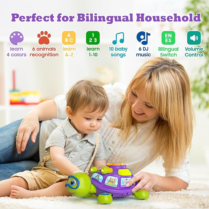 Baby Toys 6-12 Months, Musical Turtle Tummy Time Developmental Crawling Toy for 6 7 8 9 10 Months, Educational Bilingual Infant Toy 6-9-12 Months, Baby Boy Girl Birthday Gifts
