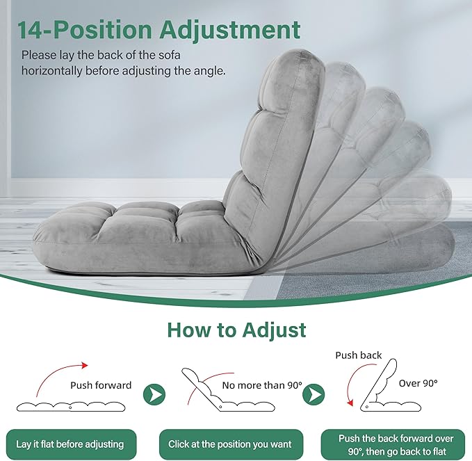 YSSOA Floor Chair Folding with Back Support Convertible Comfy Chair Memory Foam Padded Sleeper Recliner Sofa Chair Gaming Chair Floor for Bedroom Working Meditation Reading Adults Kids Grey