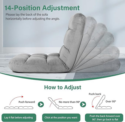 YSSOA Floor Chair Folding with Back Support Convertible Comfy Chair Memory Foam Padded Sleeper Recliner Sofa Chair Gaming Chair Floor for Bedroom Working Meditation Reading Adults Kids Grey