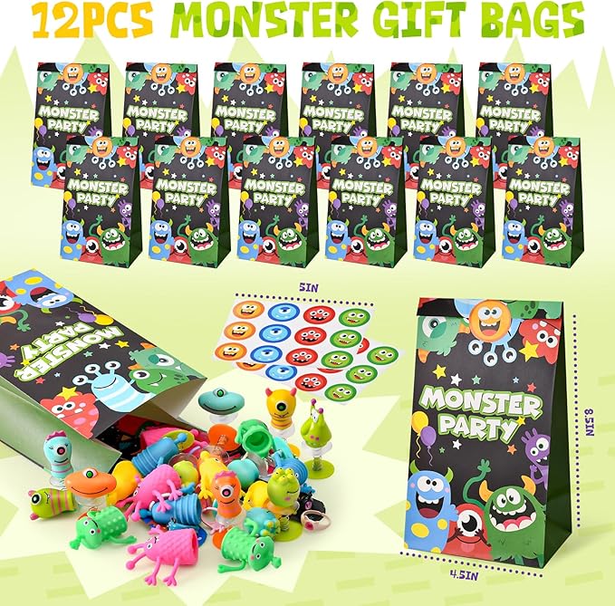 Monster Party Favors Birthday Supplies Gift Bags Finger Puppets Spring Launchers Toys Monster Big Eye Ring Slap Bracelets Tattoo Stickers Inc, Monster Party Decorations Birthday Favors for Kids