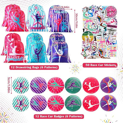 Lenwen 128 Pcs Gymnastics Party Favors Girl Gymnastics Drawstring Backpack Gymnastics Gift Gymnastics Stickers Glitter Pencils Keychain Spiral Notebook Button Pins Rubber Bracelets for Birthday Supply