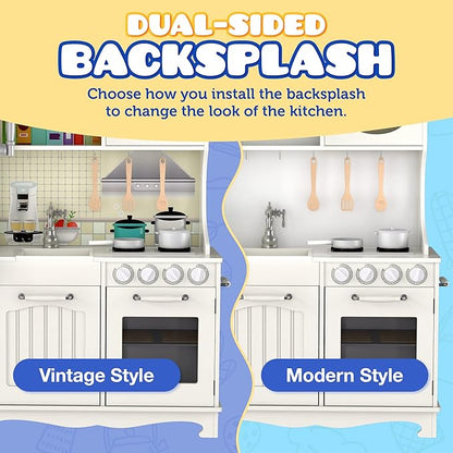 Play Kitchen - Wooden Kitchen Playset for Toddlers & Kids - Large Pretend Kitchenette for Boys & Girls - Step by Step Assembly Video Included- with 9 Kitchen Toy Accessories - Ages 3+