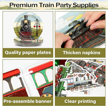 party greeting 109Pcs Train Birthday Party Supplies Includes Steam Train Party Plates Napkins Fork Retro Train Banner Hanging Ceiling Swirls for Train Transportation Baby Shower Party Decorations Set
