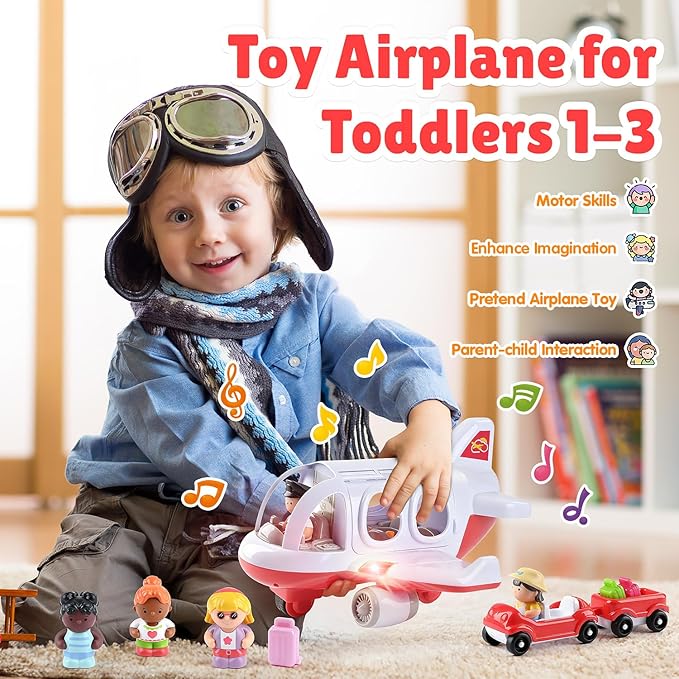 PLAY Airplane Toy for Kids - Toddler Airplane Toys Travel Plane Toys for Kids 2+ Years Old with Small Figures & Baggage Carrier, Musical Toy Airplane with Lights for Boys Girls Gifts Birthday (Red)
