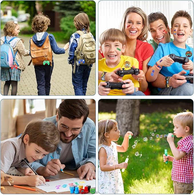 HyDren 194 Pcs Video Game Party Favors Set Include Gift Bags Reusable Straws Bubble Wands Bracelet Keychain Badge Stamps Tattoo Stickers Gift Tags for Kids Birthday Party Supplies