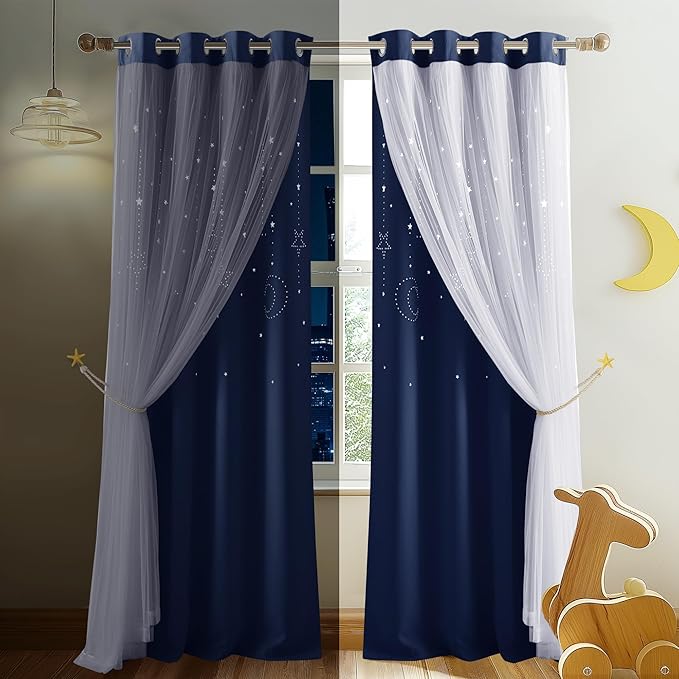 NICETOWN Stars and Moon Hollow-Out Blackout Curtains for Kids Room/Nursery, Grommet Top 2 Layer Window Treatment Curtain Panels for Living Room/Thanksgiving (2-Pack, W52 x L84 inches, Navy Blue)