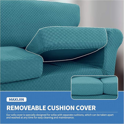 MAXIJIN 4 Piece Jacquard Extra Large Couch Covers for 3 Cushion Couch Super Stretch Non Slip Couch Cover for Dogs Pet Friendly Sofa Slipcover Furniture Protector (Oversized Sofa, Peacock Blue)
