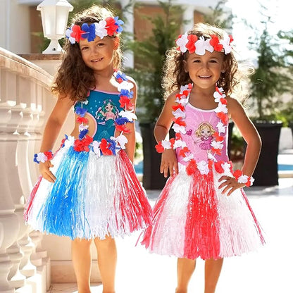 Fortuning's JDS Hawaiian Hula Grass Skirt for Girls Elastic Flower Costume Outfits for Summer Luau Beach Party Decor