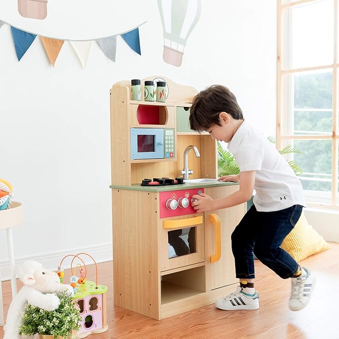 Teamson Kids Little Chef Florence Classic Interactive Wooden Play Kitchen with Accessories and Storage Space for Easy Clean Up, Wood Grain with Red and Yellow Accents